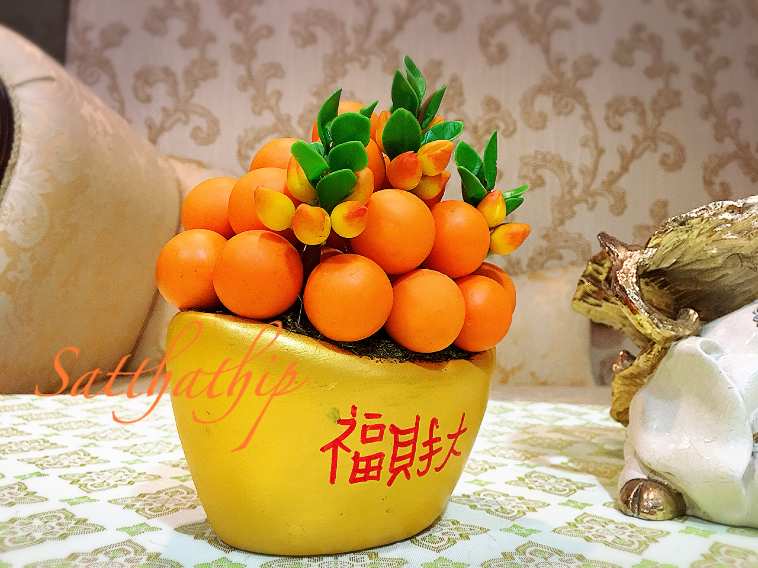 ส้ม ประดิษฐ์จากดิน กระถางก้อนทอง - ผลไม้มงคล ประดิษฐ์จากดิน กระถางก้อนทอง