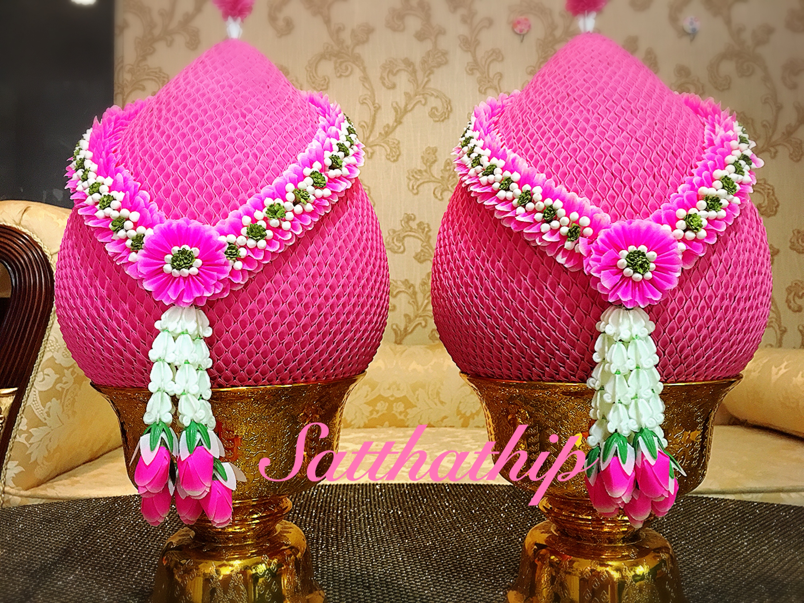 พานพุ่มผ้า สีชมพู - พานพุ่ม สีชมพู - พานพุ่มสักการะ สีชมพู - Phan bush
