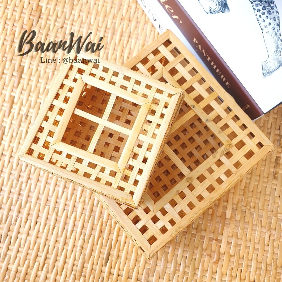 กล่องสี่เหลี่ยม 4 ช่อง กล่องไม้ไผ่ กล่องไม้ไผ่สาน กล่องทรงเหลี่ยม กล่องใส่ขนม กล่องใส่ของ