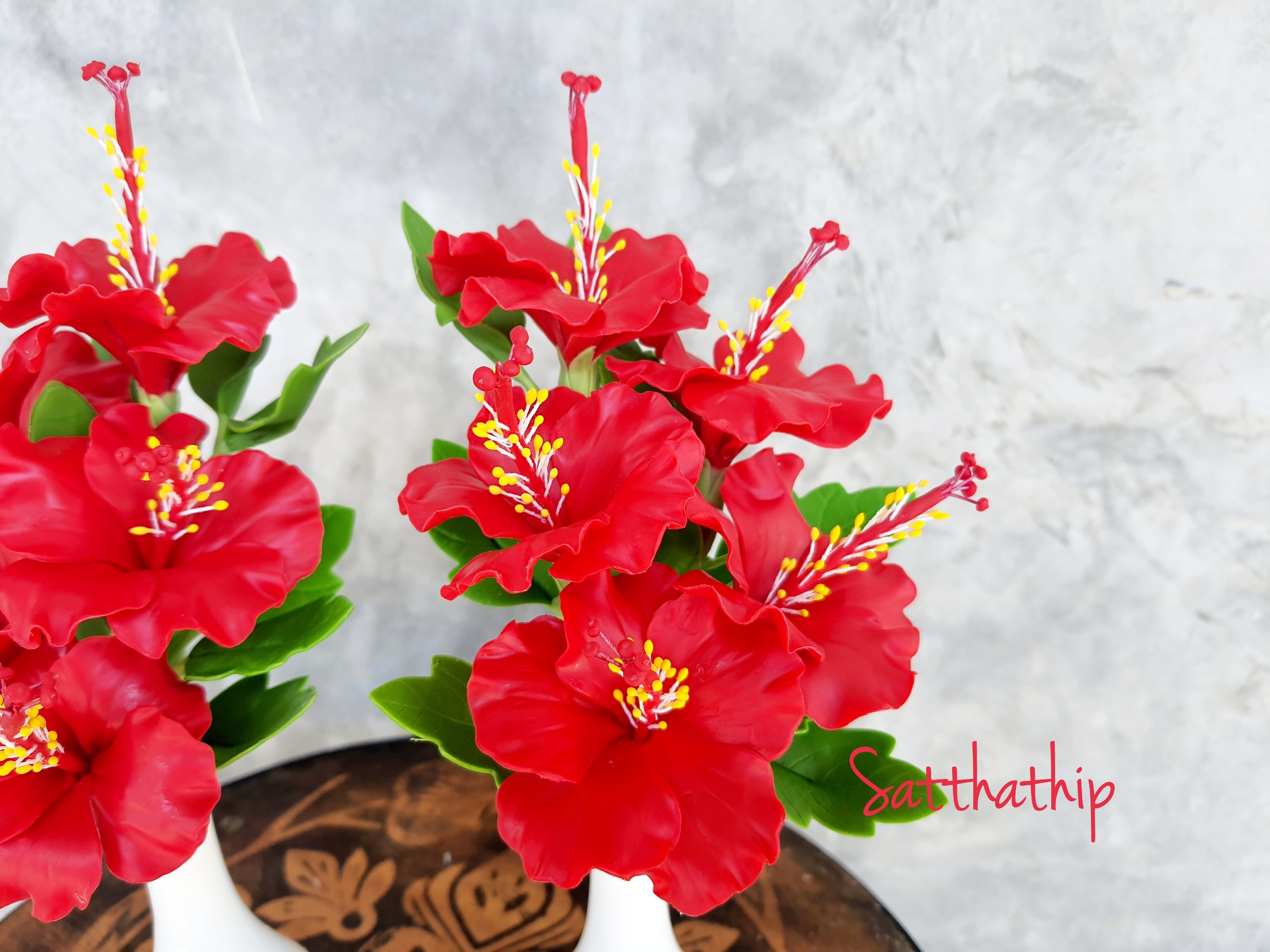 แจกันดอกชบา - ดอกชบาประดิษฐ์ - แจกันดอกชบา ประดิษฐ์จากดิน - แจกันดอกชบาประดิษฐ์