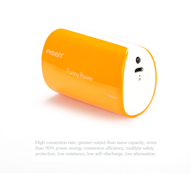 PISEN แบตสำรองแท้ 5,000 mAh พาวเวอร์แบงค์ USB 5V-2A Funny Power Ⅱ รุ่น TS-D127 ไฟฉาย LED ส่องสว่างยามค่ำคืนในตัว เก็บประจุเต็มที่ได้ยาวนาน รูปทรงกระบอก ขนาดกระทัดรัดจับถนัดกระชับมือ - สีส้ม