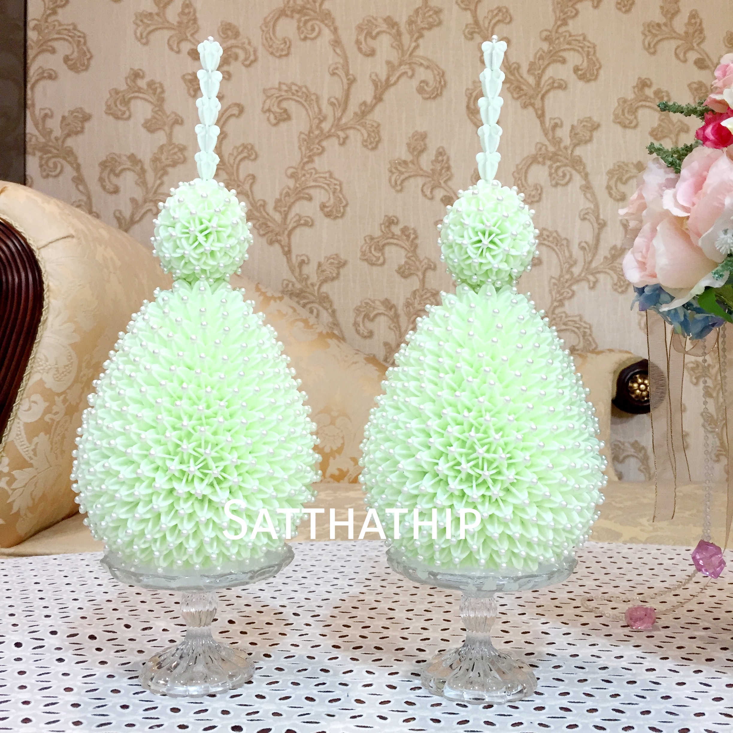 พานพุ่ม - พานพุ่มสักการะ - พานพุ่มดอกรัก - พานพุ่มดอกรักประดิษฐ์ (พลาสติก) - พานพุ่มสีเขียว - Panpum