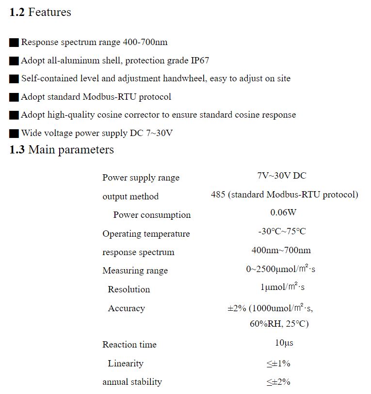 PPFD Sensor เซนเซอร์ วัดความเข้มแสง PPFD สื่อสารแบบ RS485. umol/m2.s Photosynthetically active radiation sensor