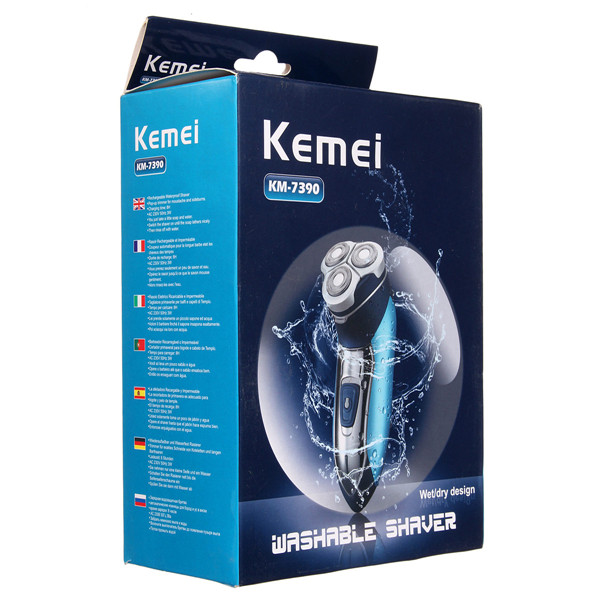 Kemei เครื่องโกนหนวด 3D ใบมีดสแตนเลสคู่ลูกลอย 3 หัวโกน 3 วัตต์ รุ่น KM-7390 กันน้ำได้ 100% แบบตเตอรี่ Ni-Cd พร้อมที่กันจอน - สีฟ้า