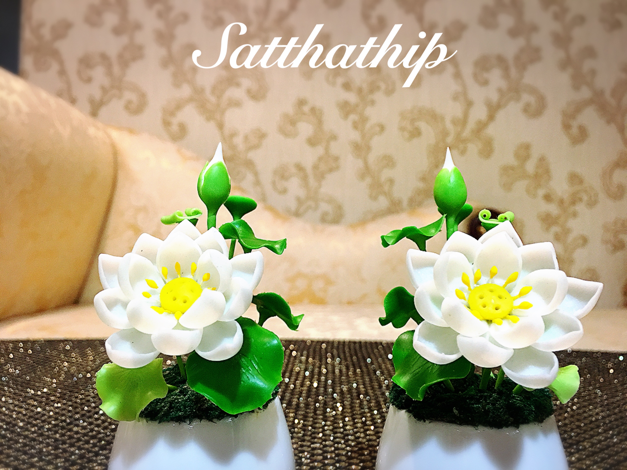 แจกันดอกบัว - ดอกบัวประดิษฐ์ - แจกันดอกบัวหลวง (ข้างละ 1 ดอก) ประดิษฐ์จากดิน - แจกันดอกบัวประดิษฐ์ - Lotus Flower