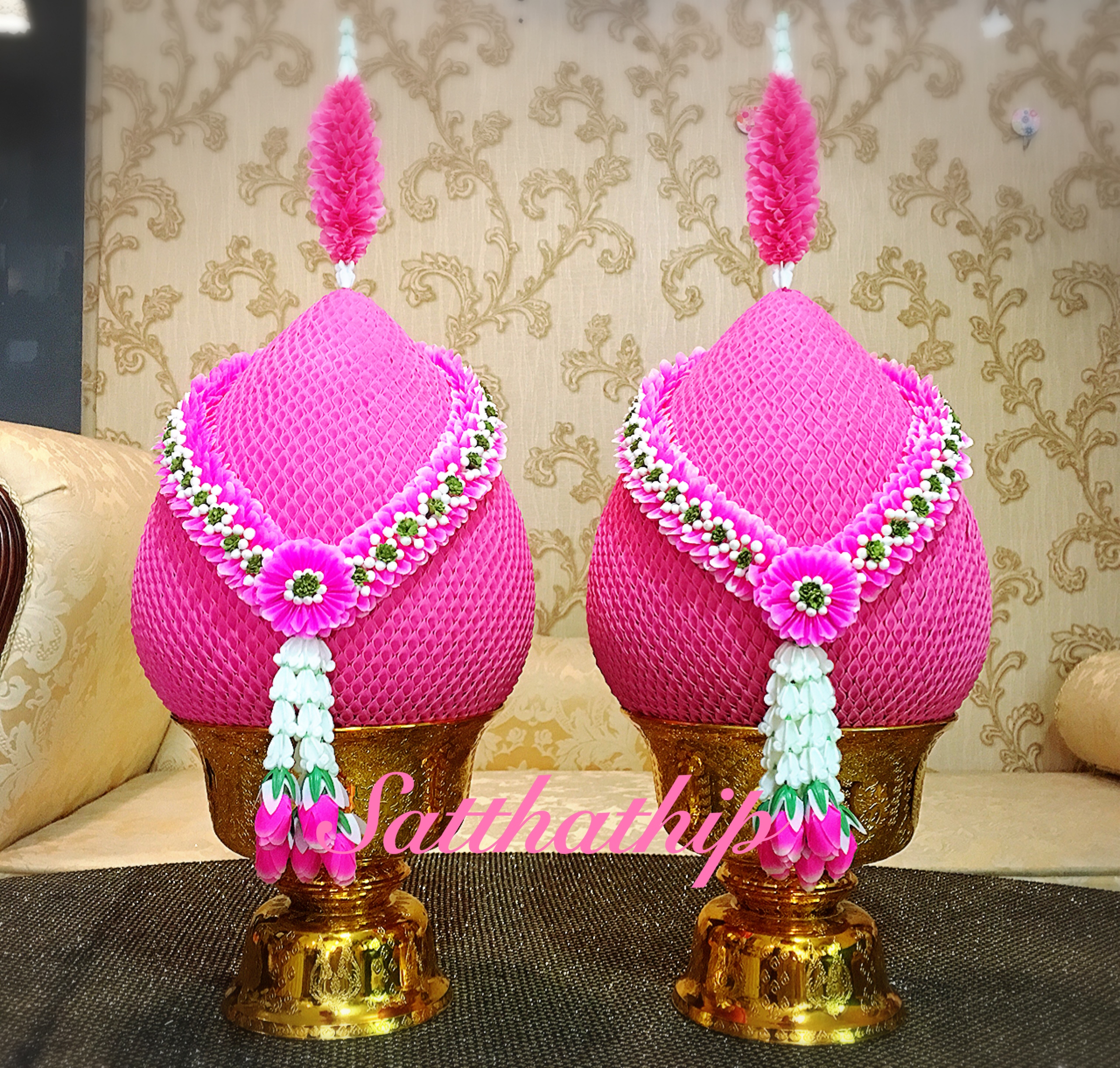 พานพุ่มผ้า สีชมพู - พานพุ่ม สีชมพู - พานพุ่มสักการะ สีชมพู - Phan bush