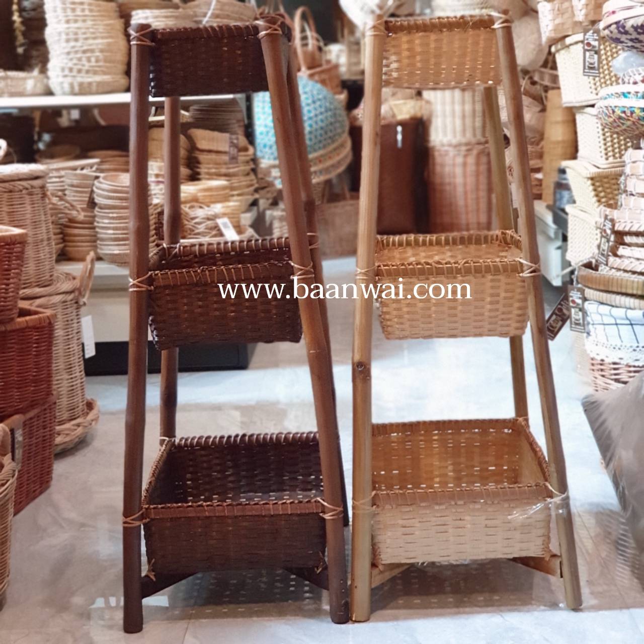 ชั้นวางไม้ไผ่ 3 ชั้น ทรงเหลี่ยม