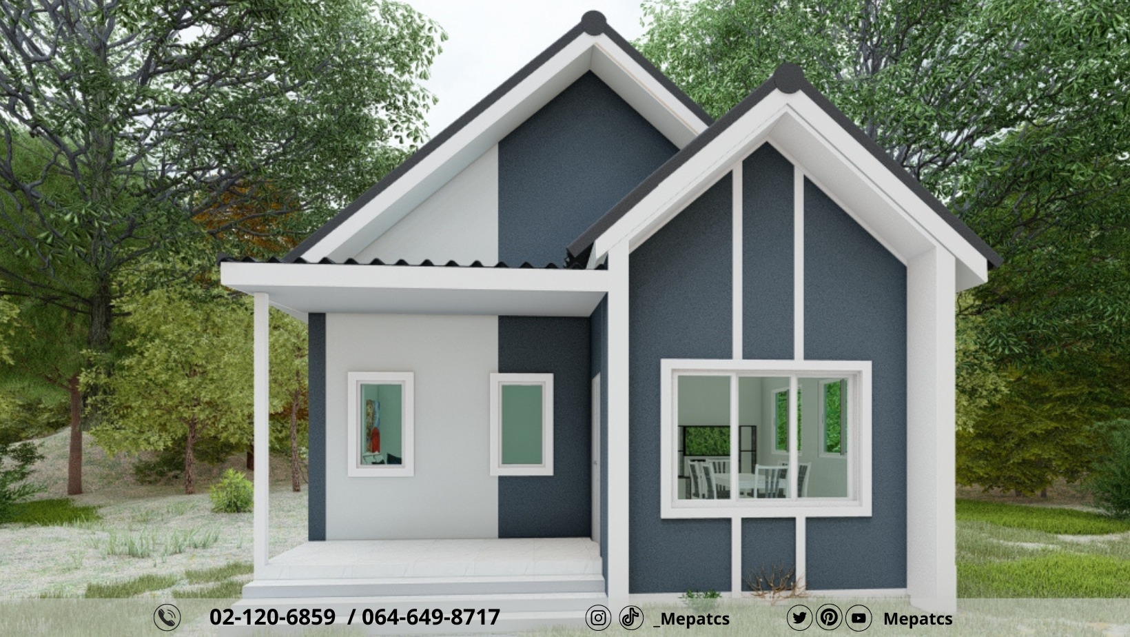 แบบบ้านชั้นเดียวสไตล์มินิมอลหลังคาจั่ว MP-EP 4 ขนาด 59.55 ตร.ม. 2 ห้องนอน 1 ห้องน้ำ พร้อมห้องครัวและห้องรับแขก