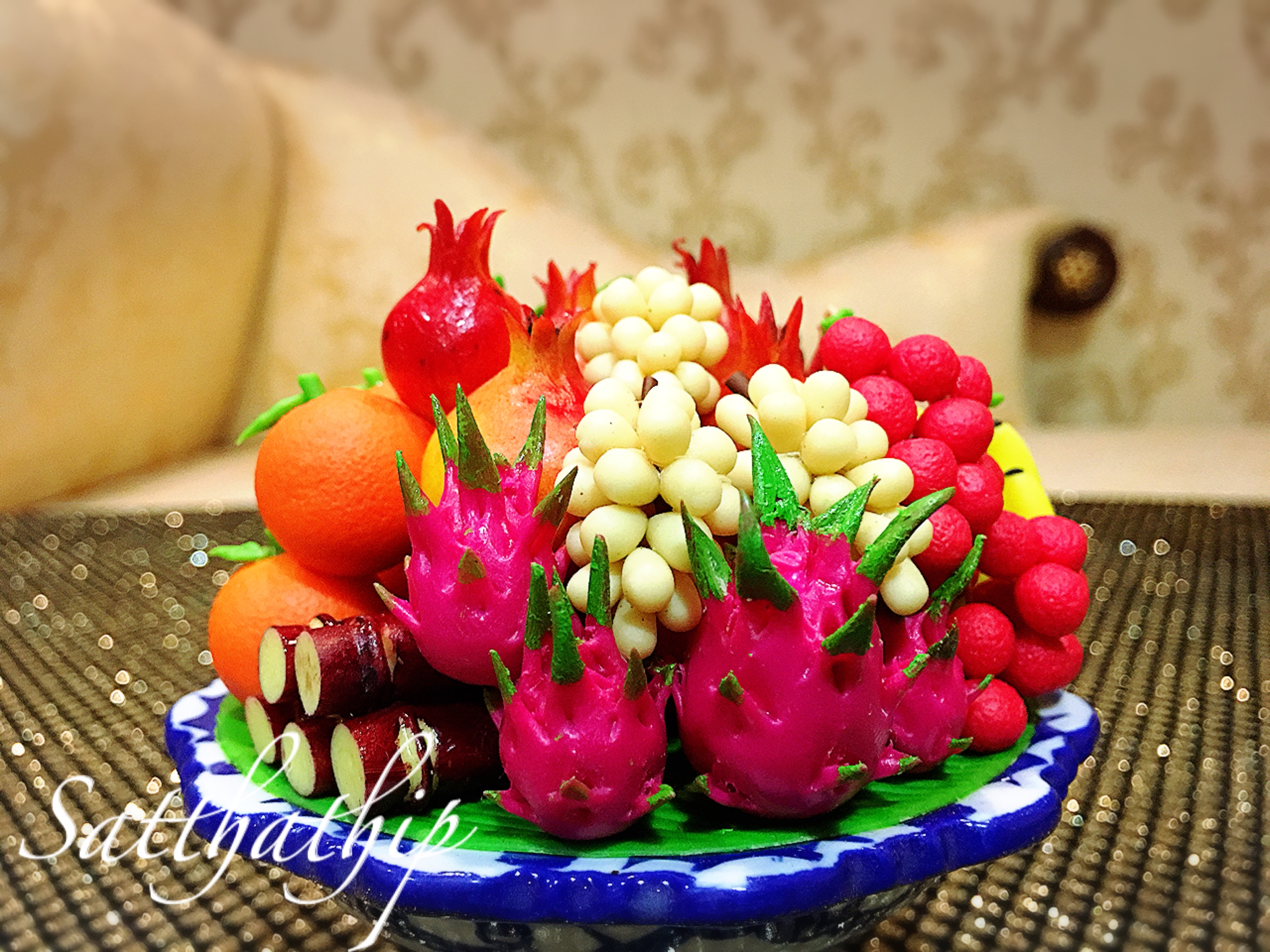 พานผลไม้ (9 อย่าง) ประดิษฐ์จากดิน - ผลไม้จิ๋ว - ผลไม้มงคล