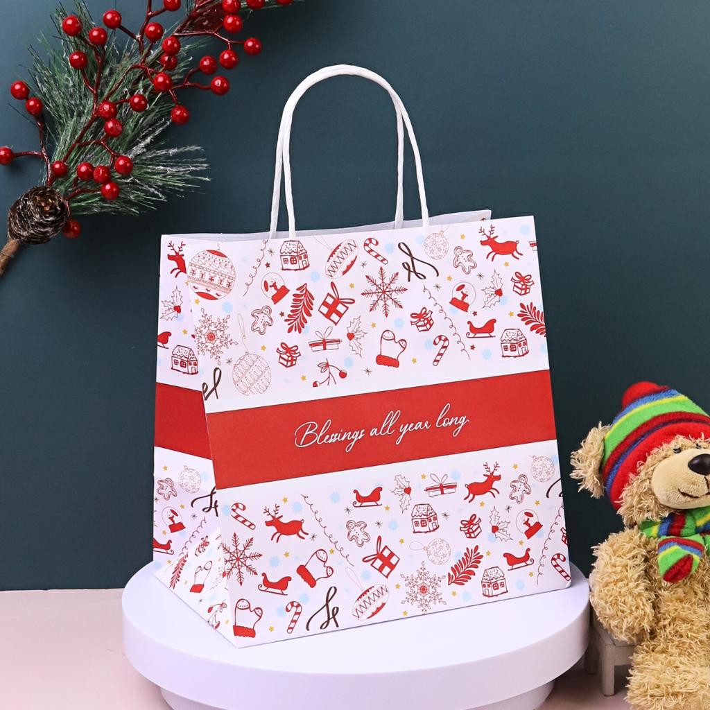 ถุงกระดาษหูเกลียว พิมพ์ลาย Festive Joy (ใบใหญ่) ห่อ 25 ใบ (09-9108)