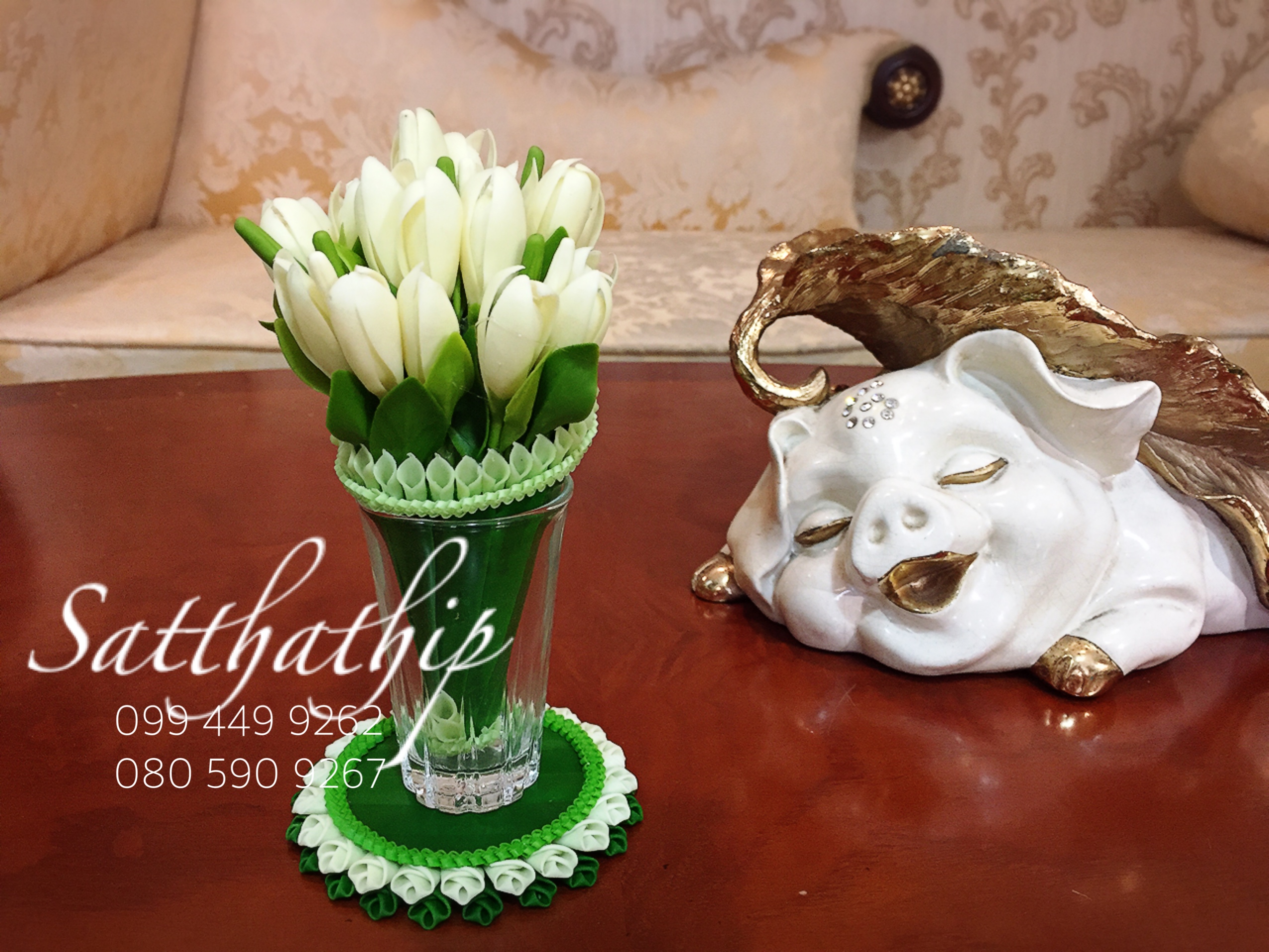 ชุดกรวยดอกจำปี พร้อมถาดใบตอง ประดิษฐ์จากดิน - ดอกจำปี - White Champaka