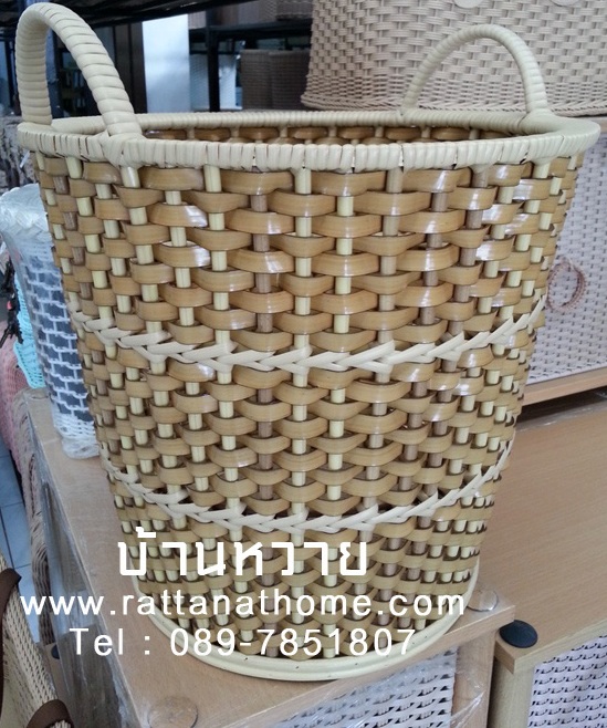 ตะกร้าใส่ผ้า ทรงกลม วัสดุหวายเทียม