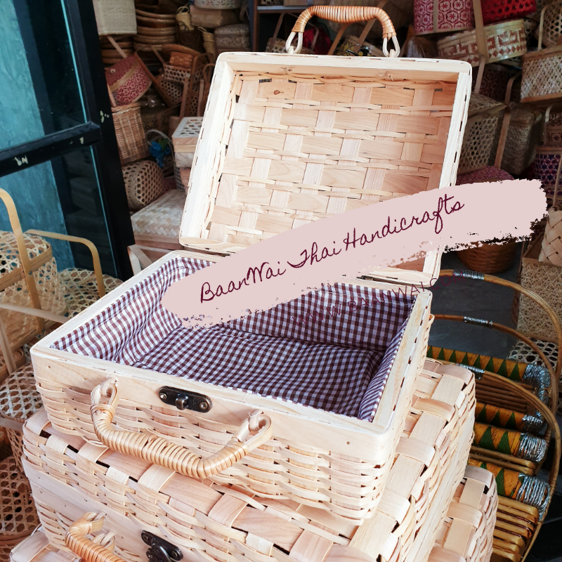 กระเป๋าไม้สาน บุผ้า 3 ใบชุด