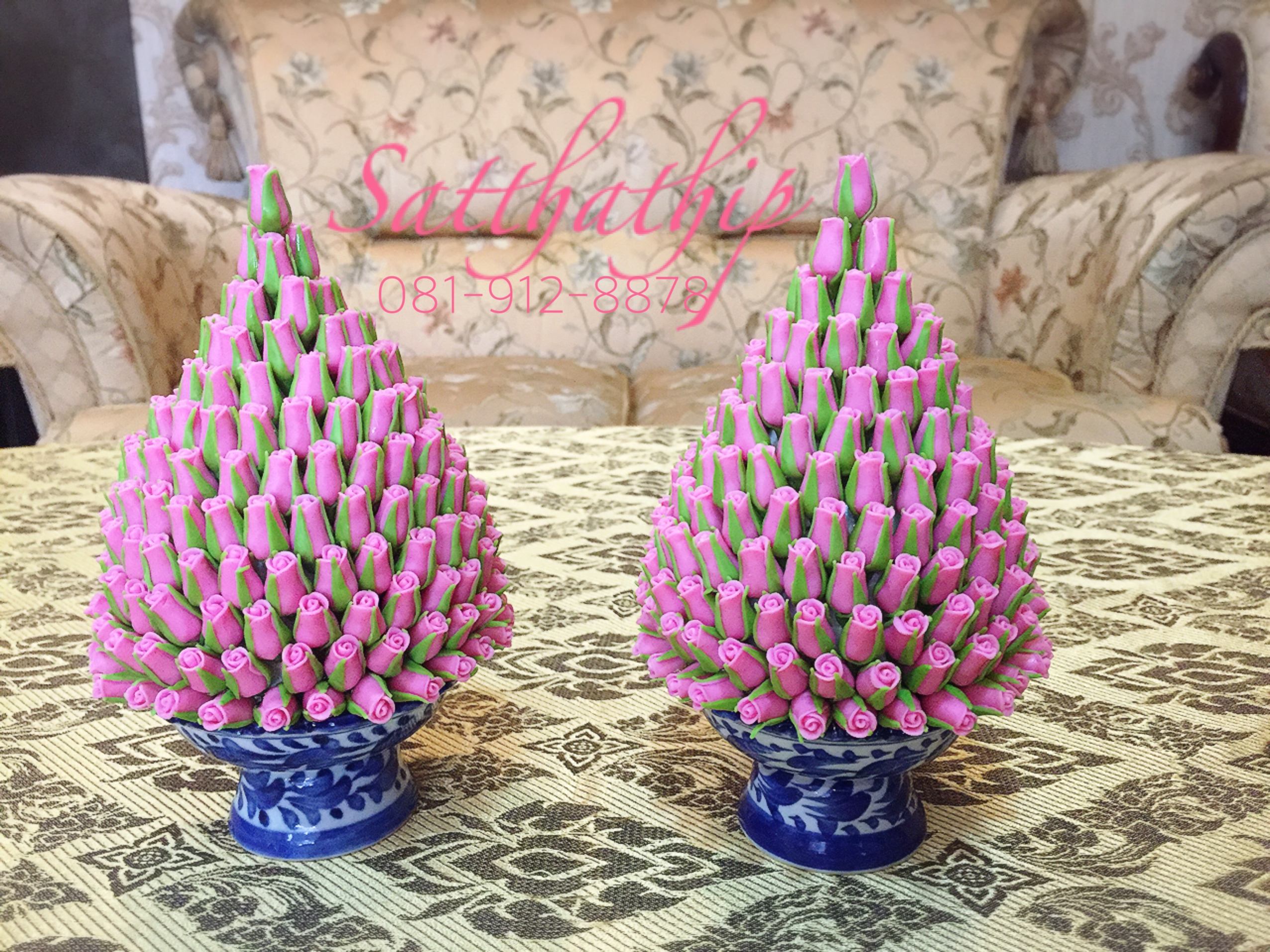 พานพุ่มดอกกุหลาบ - พานพุ่มดอกกุหลาบ (สีชมพู) ประดิษฐ์จากดิน - Rose Flower - Phan bush