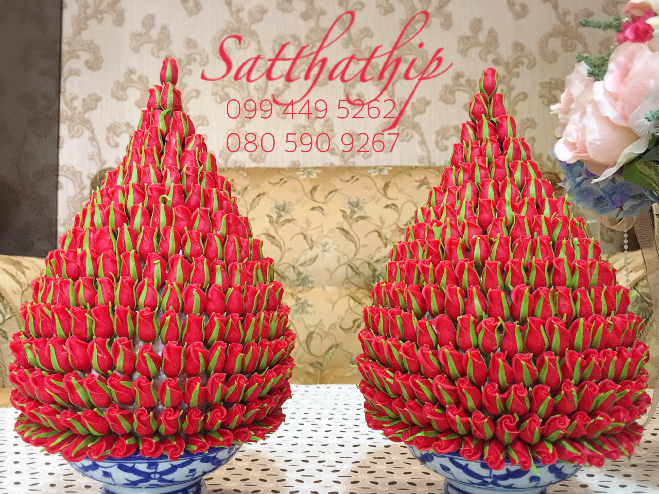 พานพุ่มดอกกุหลาบ ประดิษฐ์จากดิน [ุ6 นิ้ว 3,500 บาท/คู่]