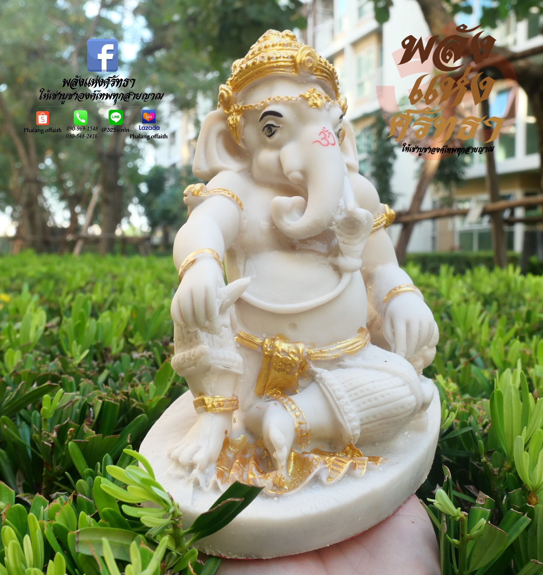 พระพิฆเนศ ปางเสวยสุข นั่งชันเข่า พระพิฆเนศสีขาว ปัดทอง l หน้าตัก 5 นิ้ว พร้อมส่ง