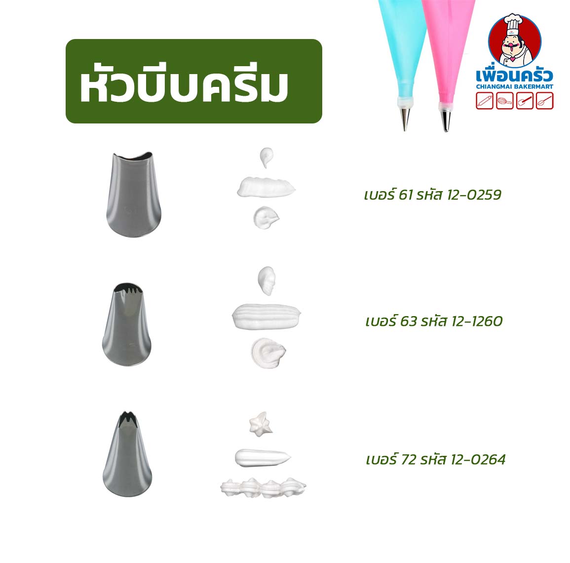 หัวบีบแต่งเค้กสแตนเลส จำนวน 1 หัว (เลือกได้ เบอร์ 42-79)