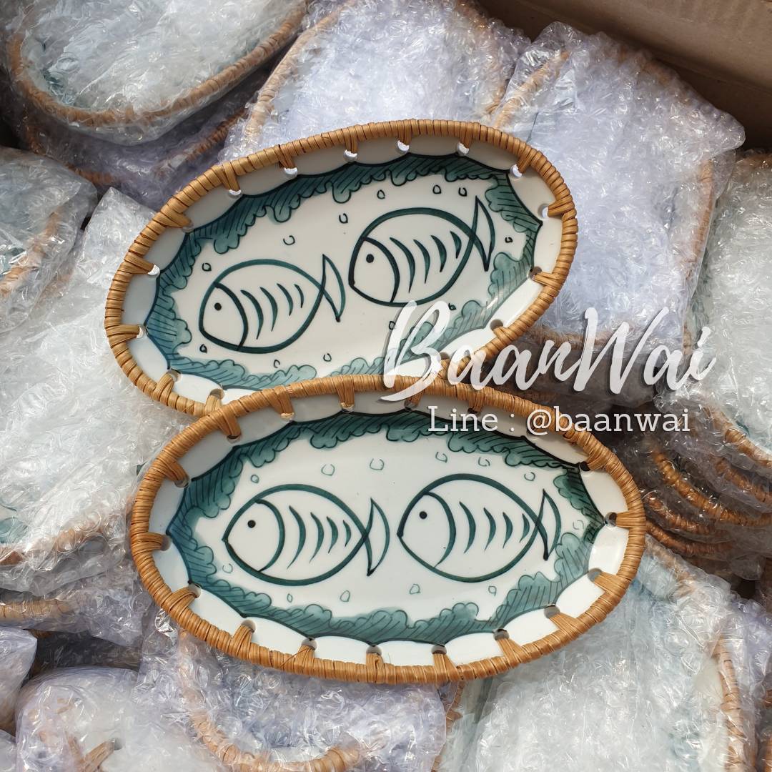 จานเซรามิค ขอบหวาย ทรงรี