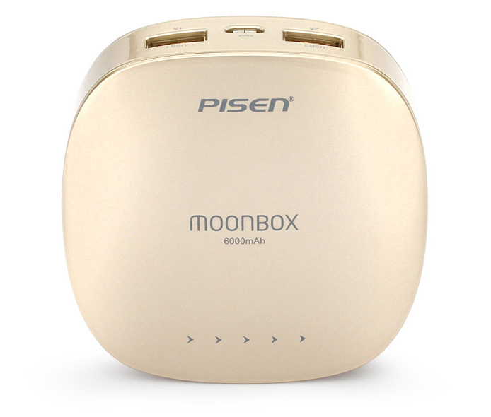 PISEN แบตสำรองแท้ 6,000 mAh พาวเวอร์แบงค์ 2 USB 5V-2A Moon Box Power รุ่น TS-D095 ปุ่มสัมผัสแบบสไลด์ ไฟฉาย LED ส่องสว่างยามค่ำคืนในตัว เก็บประจุเต็มที่ได้ยาวนาน รูปทรงโค้งมน ขนาดกระทัดรัดจับถนัดกระชับมือ - สีทองคำ