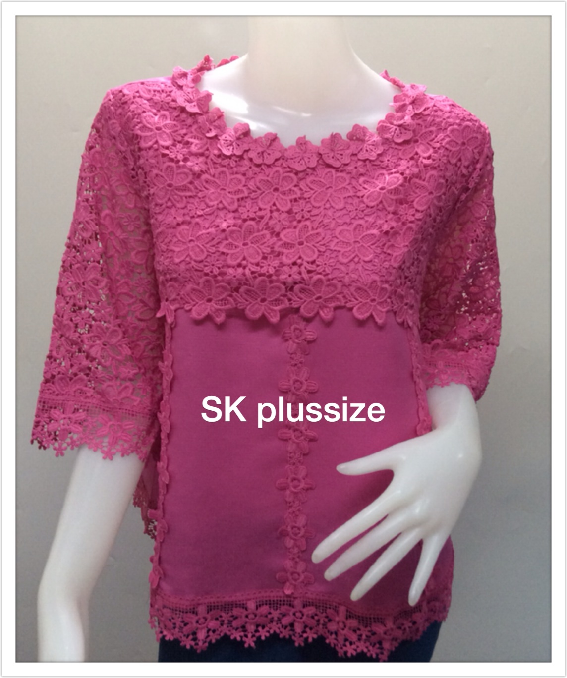 เสื้อลินินแต่งลูกไม้ ทรงเอ สีบานเย็น รอบอก 46 นิ้ว
