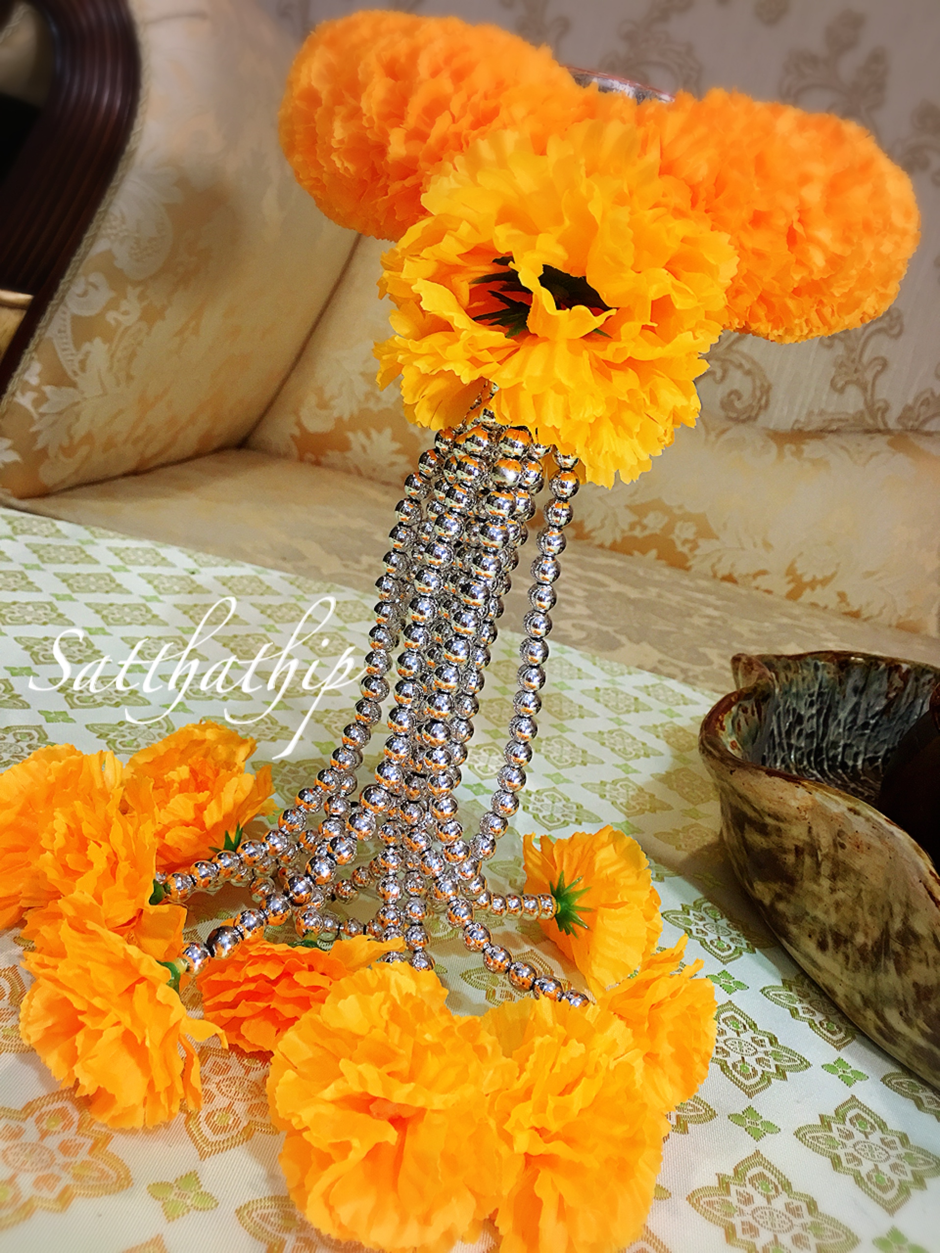 พวงมาลัยผ้า - พวงมาลัยดอกดาวเรือง ประดิษฐ์ - พวงมาลัยถวายศาลพระภูมิ - Fabric garland