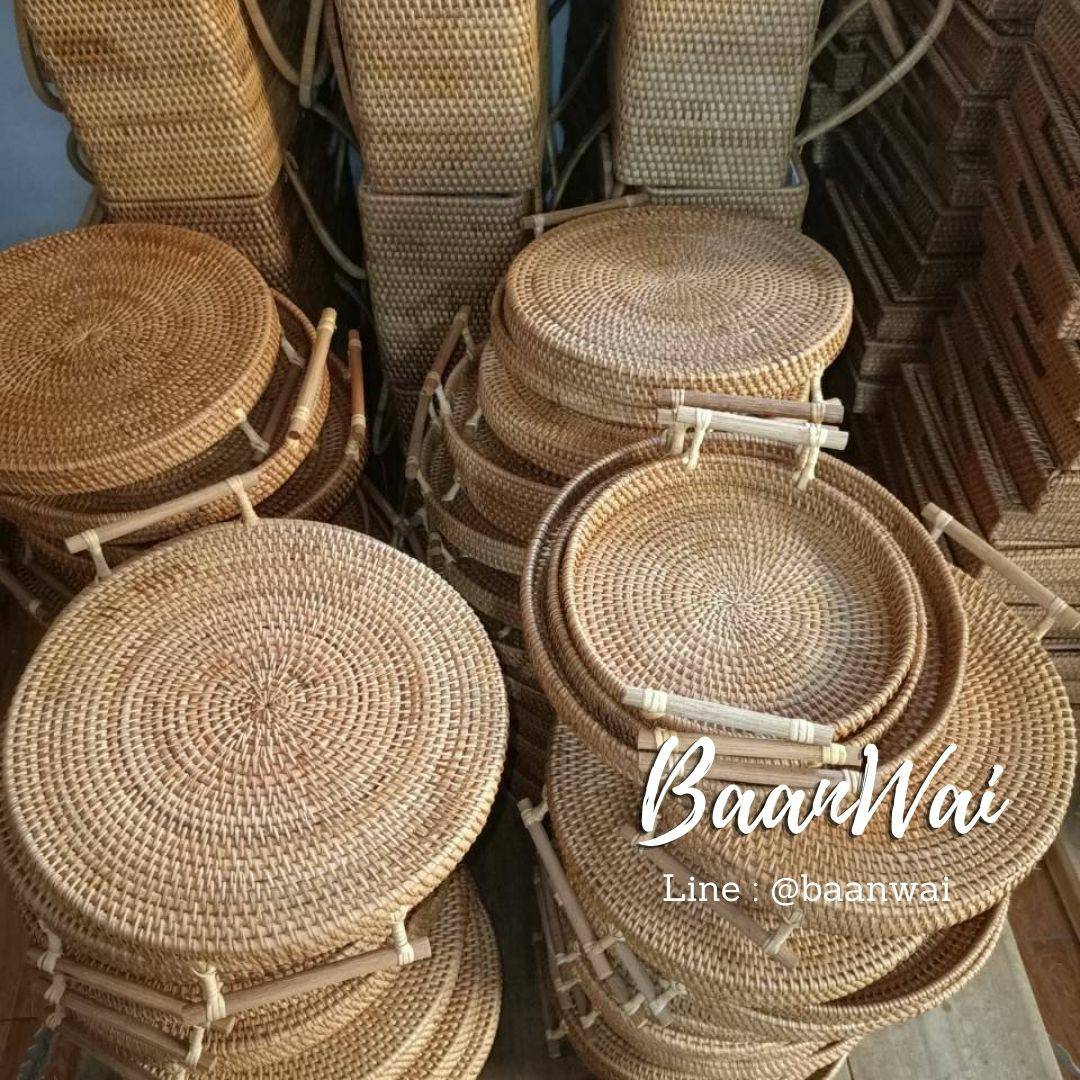 ถาดหวายทรงกลม ถาดหวายแท้ ถาดเสริฟ ถาดหวายใส่ขนม ถาดหวายกลมมีหูจับ มี 3 ขนาด