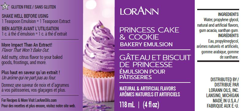 LORANN Princess Cake Bakery Emulsion 4 Oz. กลิ่นพรินซ์เสสเค้ก (Nutty, Vanilla and Citrus) (118 ml) (06-7594-03)