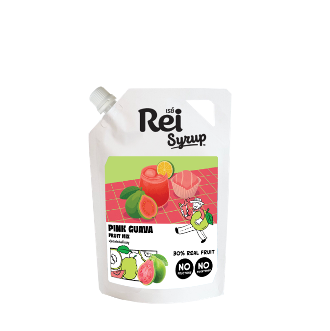 เรย์ พิ้งค์ กัวว่า ฟรุ๊ตมิกซ์ Rei Syrup Pink Guava Fruit Mix 450 ml. (05-9353)