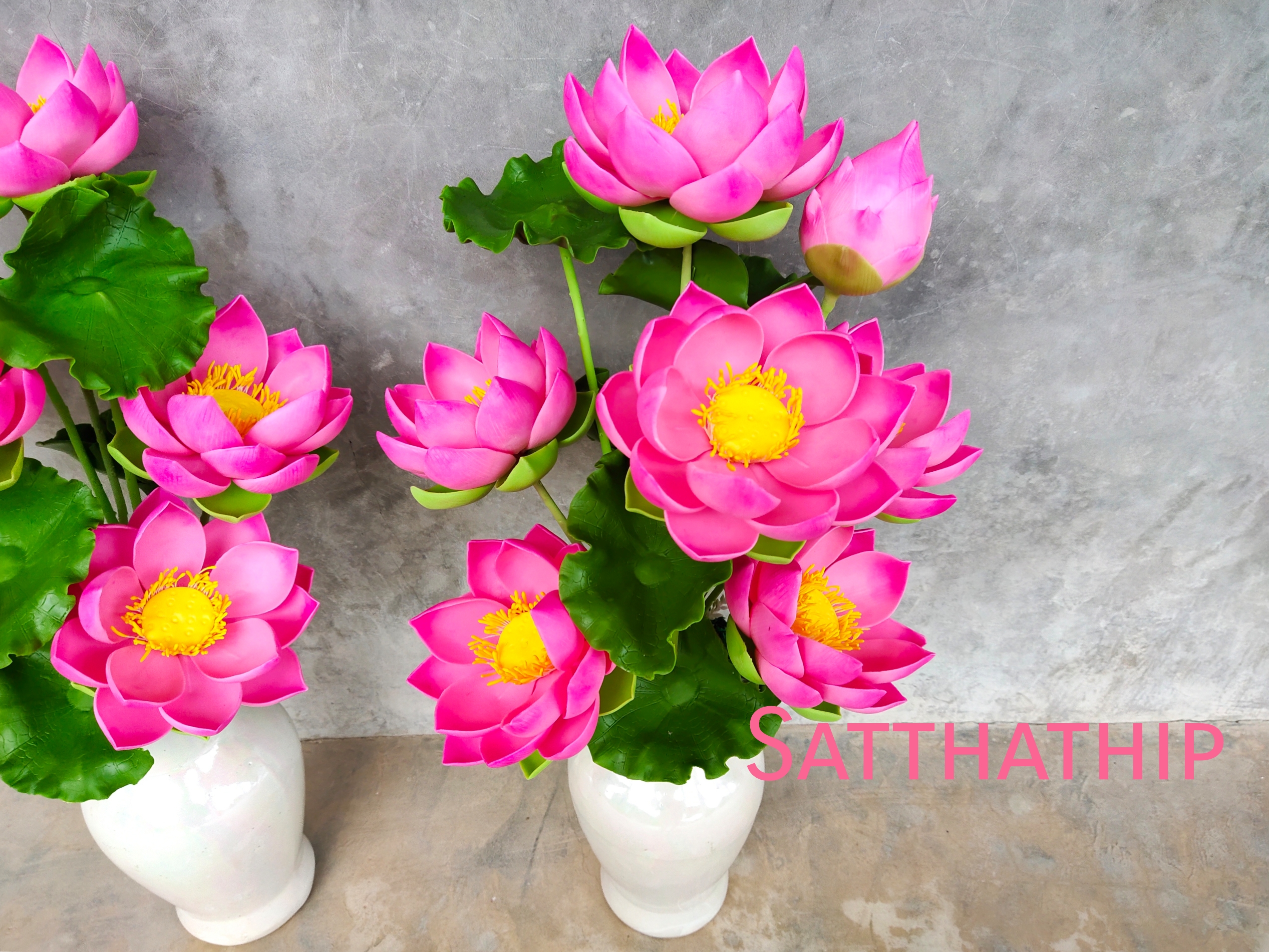 แจกันดอกบัว - ดอกบัวประดิษฐ์ - แจกันดอกบัวหลวงสีชมพู (ข้างละ 6 ดอก) ประดิษฐ์จากดิน - แจกันดอกบัวประดิษฐ์ - Lotus Flower