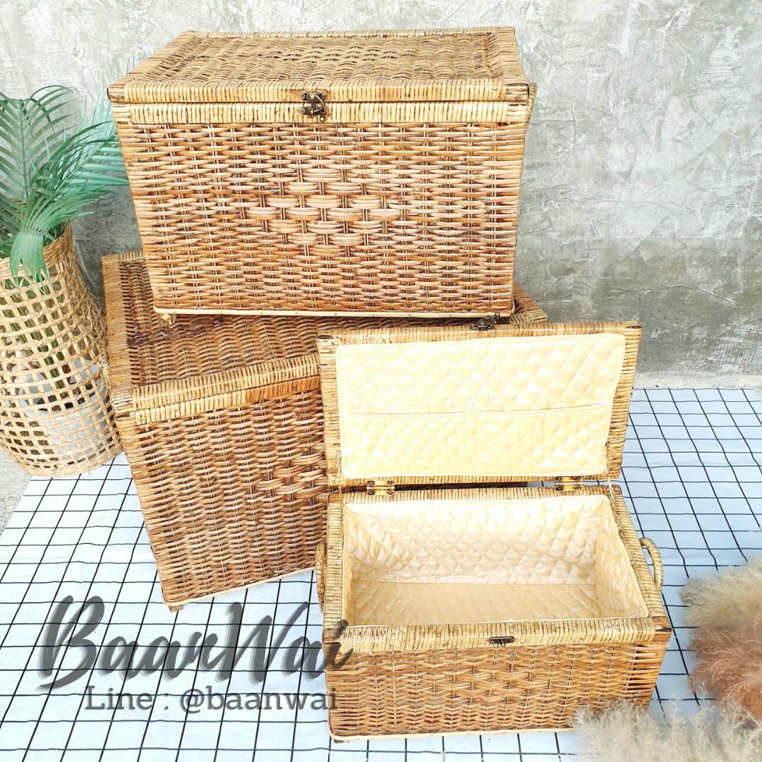 หีบหวาย หีบใส่ของ บุผ้าด้านใน ทรงเตี้ย