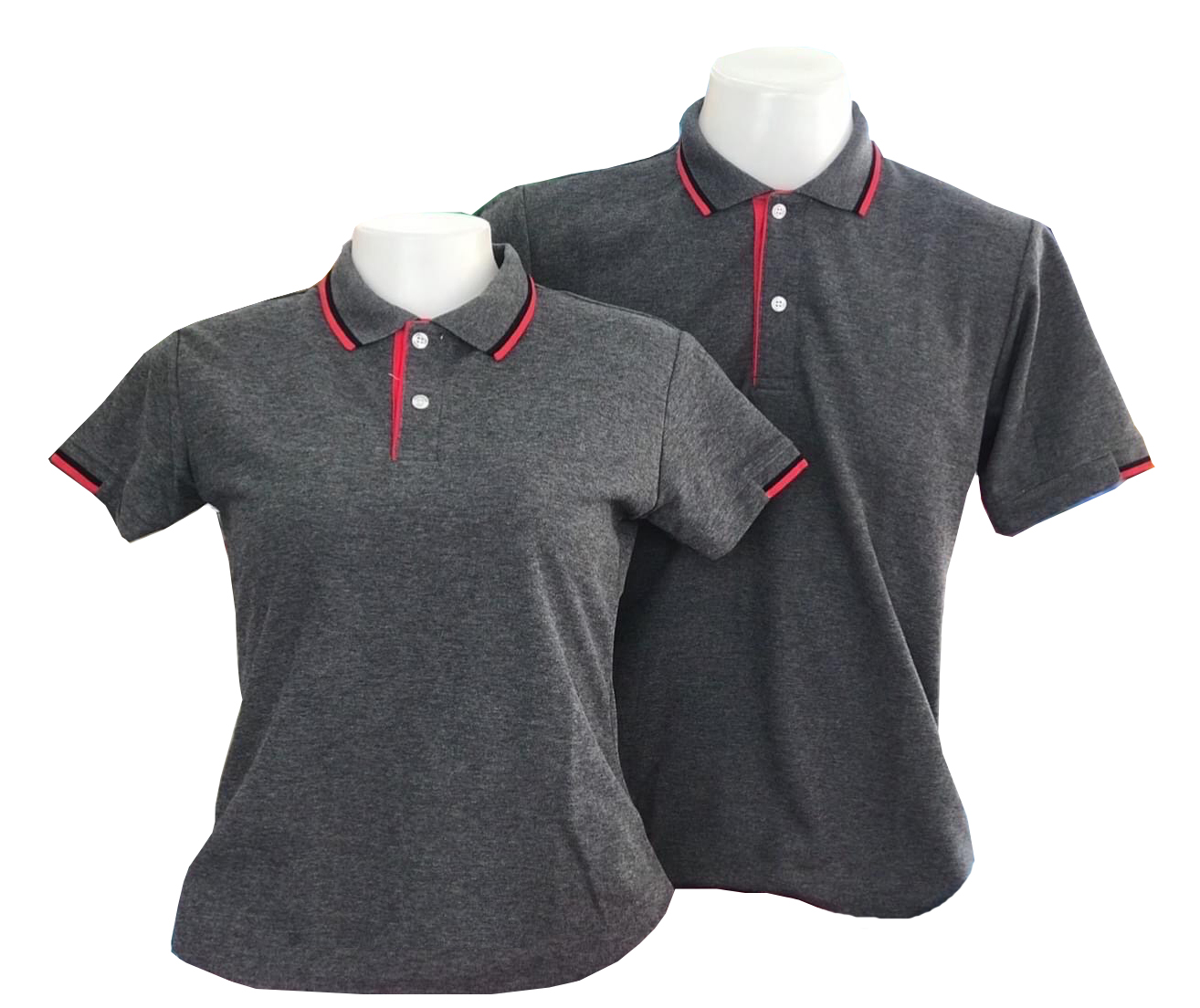 เสื้อโปโลสีเทาเข้ม ปกมีลายเส้นสีแดง ไซส์ S, M, L, XL, 2XL,3XL