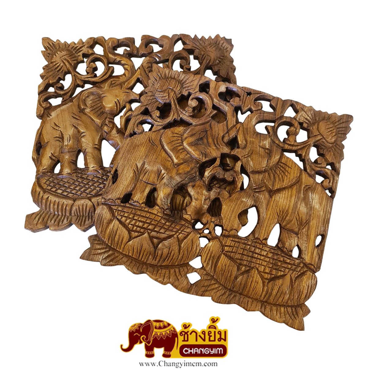 แผ่นไม้แกะสลักช้างคู่ สี่เหลี่ยม ( 12" )