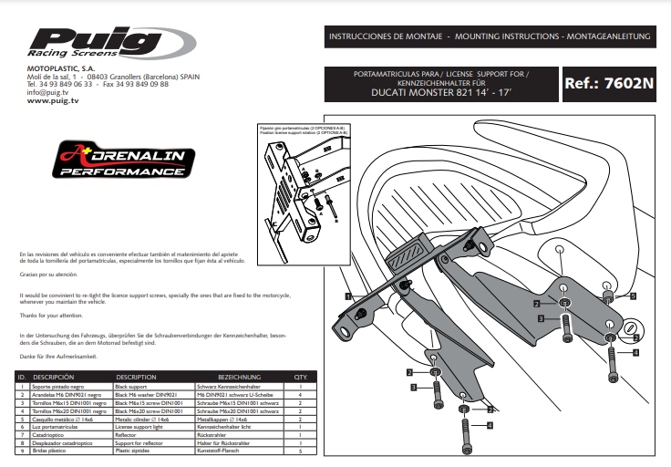 ท้ายสั้น Puig (Tail Tidy) สำหรับ Monster 821 2014-2017