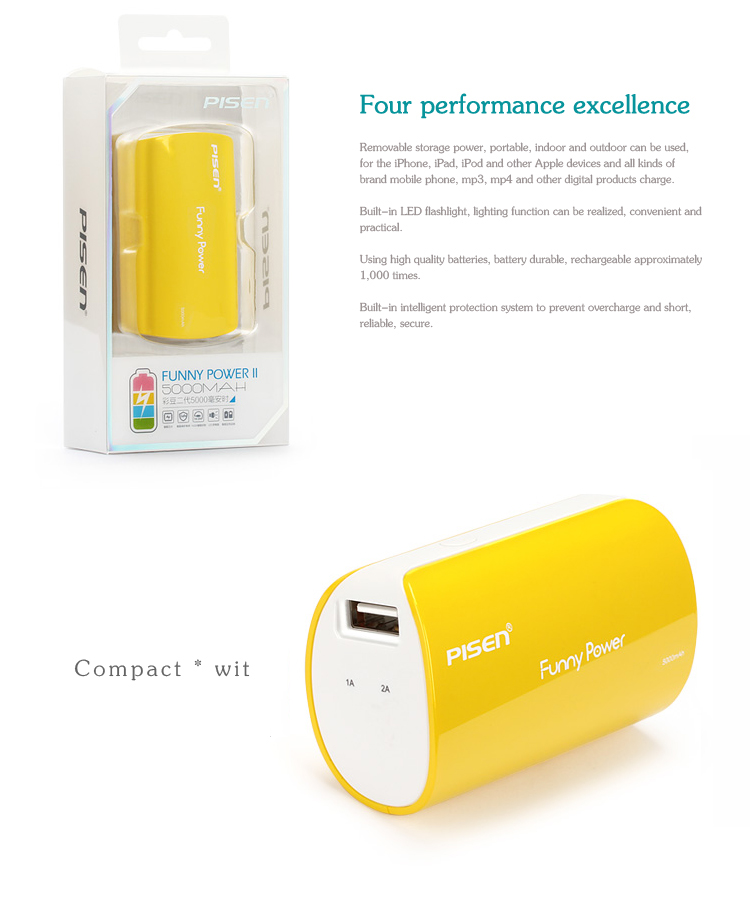PISEN แบตสำรองแท้ 5,000 mAh พาวเวอร์แบงค์ USB 5V-2A Funny Power Ⅱ รุ่น TS-D127 ไฟฉาย LED ส่องสว่างยามค่ำคืนในตัว เก็บประจุเต็มที่ได้ยาวนาน รูปทรงกระบอก ขนาดกระทัดรัดจับถนัดกระชับมือ – สีเหลือง