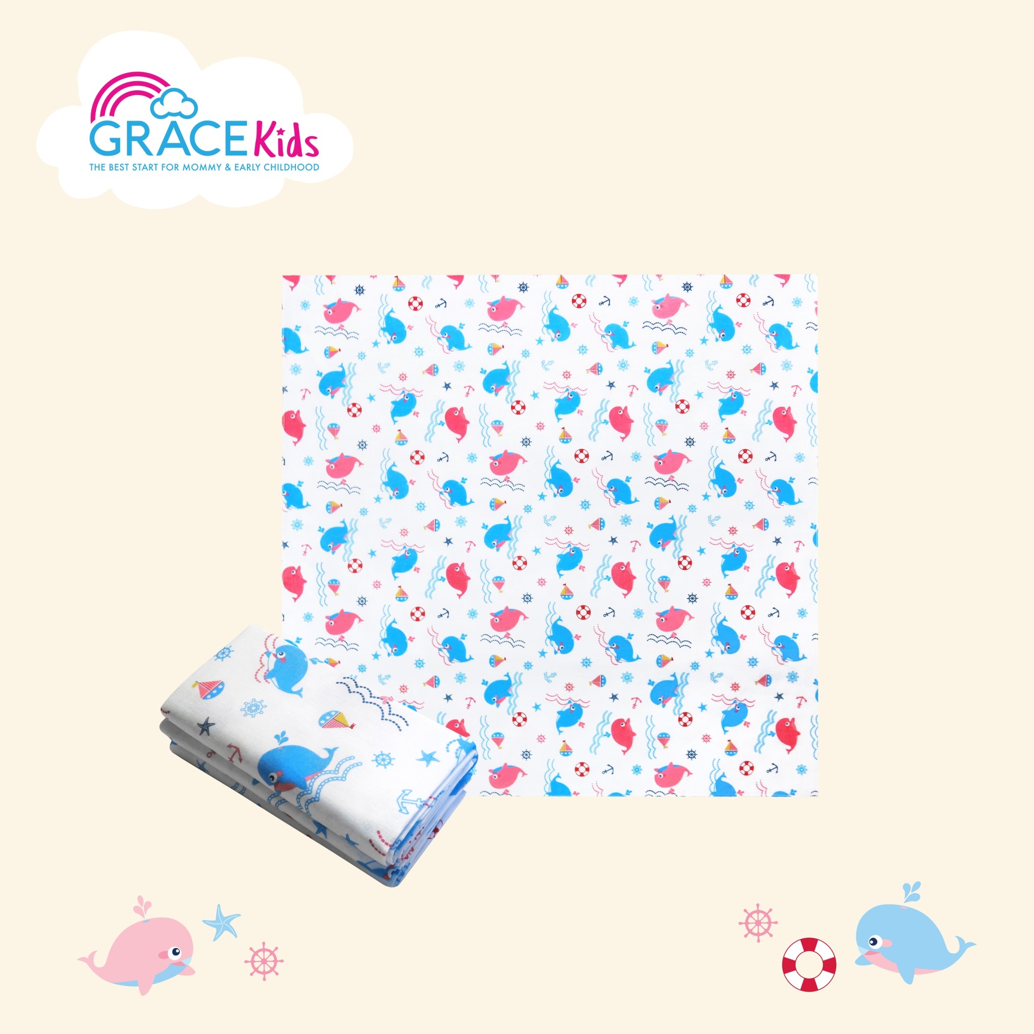 Grace Kids ผ้าอ้อมสำลี Little Whale Splash แพ็ค 6 ผืน 27 x 27 นิ้ว