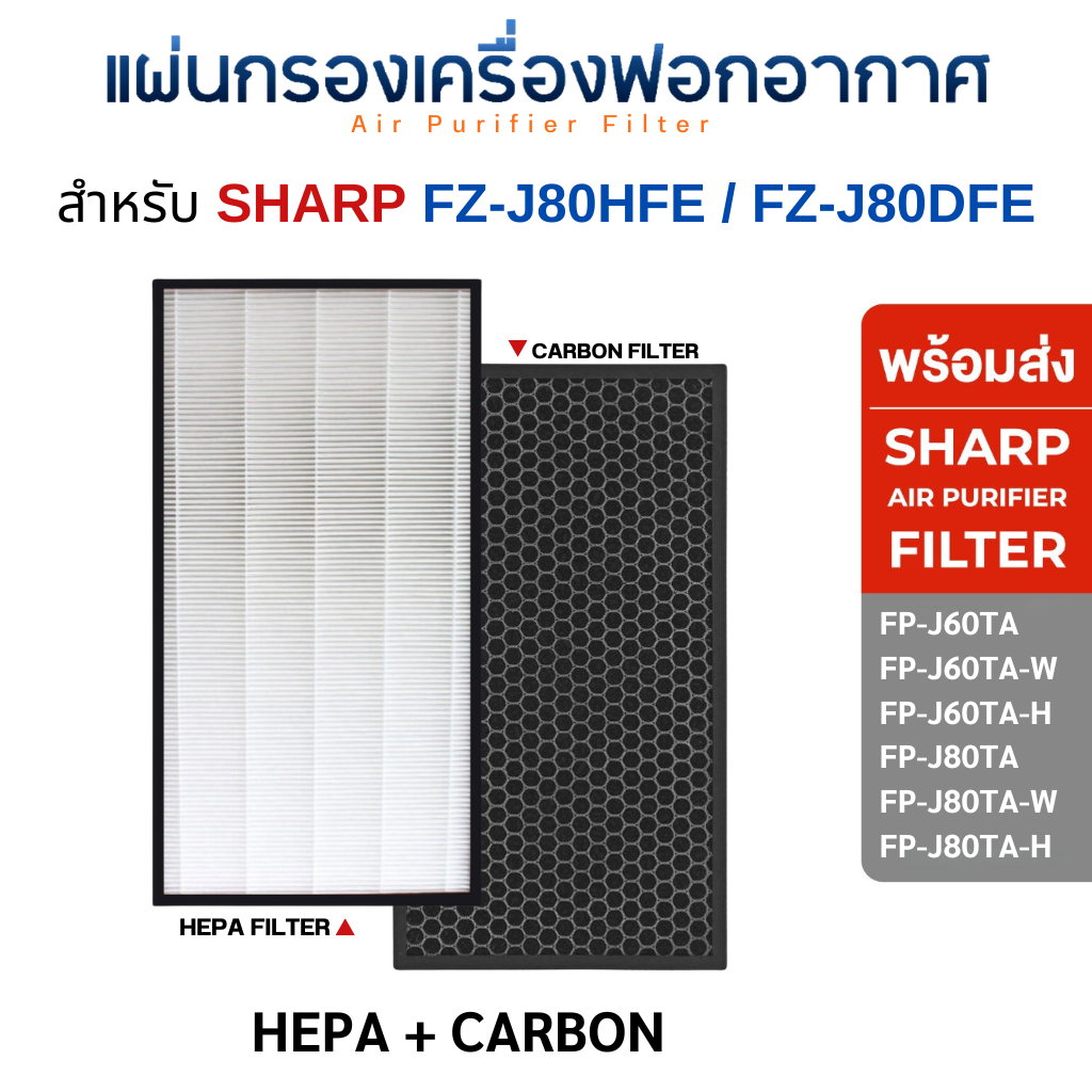 Sharp FZ-J80HFE แผ่นกรองเครื่องฟอกอากาศ รุ่น FP-J60TA และ FP-J80TA (2 แผ่น กรองฝุ่น+กรองกลิ่น)