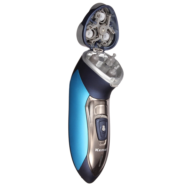 Kemei เครื่องโกนหนวด 3D ใบมีดสแตนเลสคู่ลูกลอย 3 หัวโกน 3 วัตต์ รุ่น KM-7390 กันน้ำได้ 100% แบบตเตอรี่ Ni-Cd พร้อมที่กันจอน - สีฟ้า