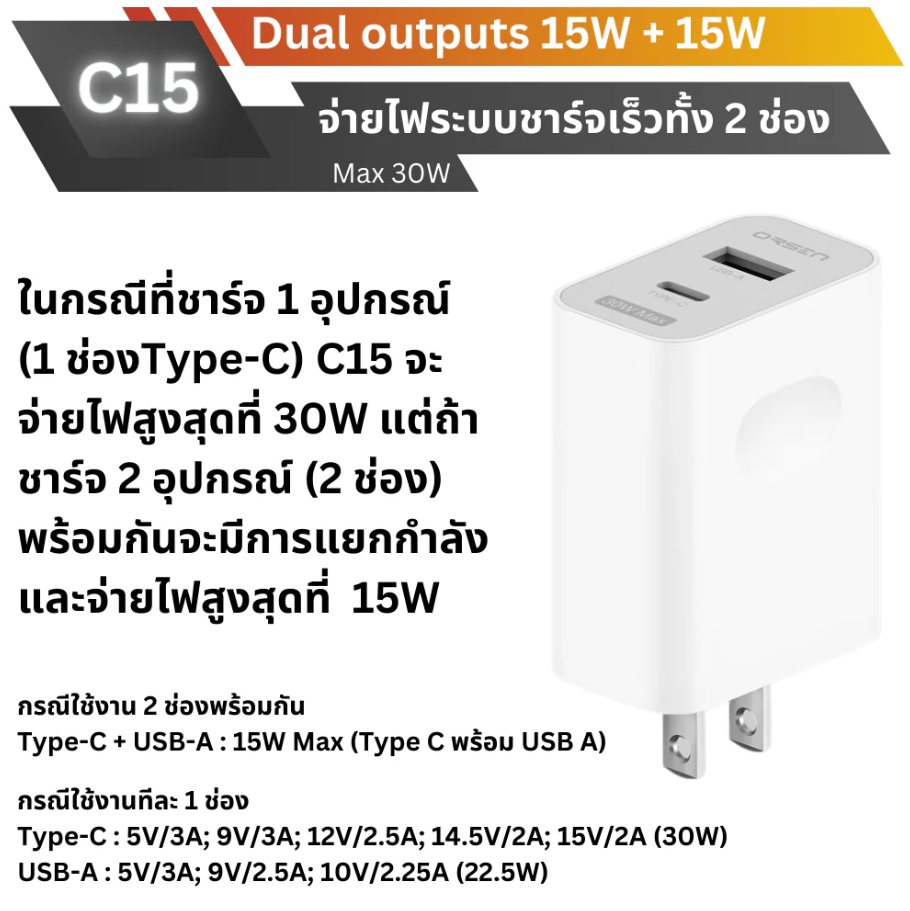 ADAPTER ELOOP ORSEN C15 PD 30W / QC 3.0 Fast Charge อะแดปเตอร์
