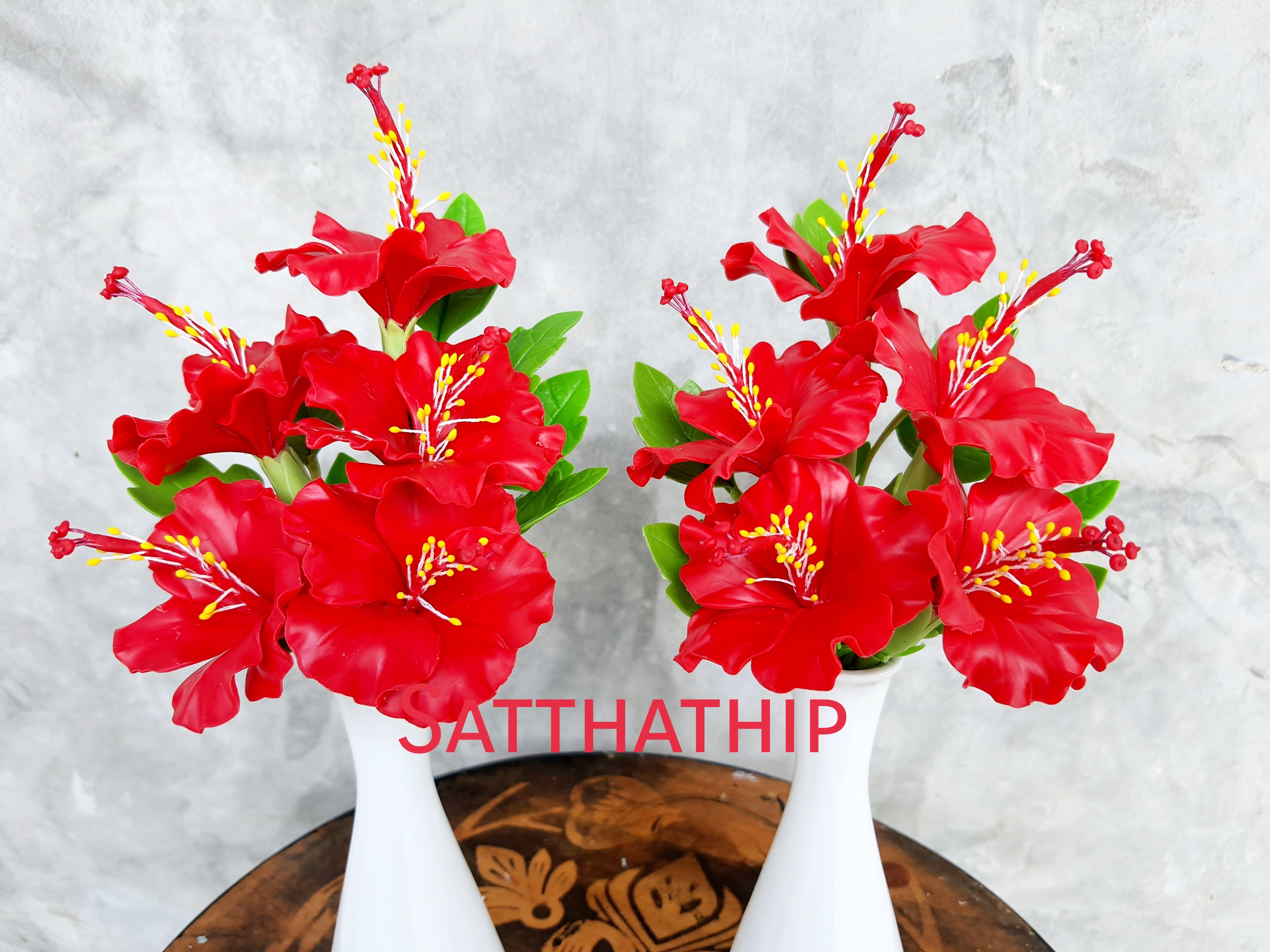 แจกันดอกชบา - ดอกชบาประดิษฐ์ - แจกันดอกชบา ประดิษฐ์จากดิน - แจกันดอกชบาประดิษฐ์