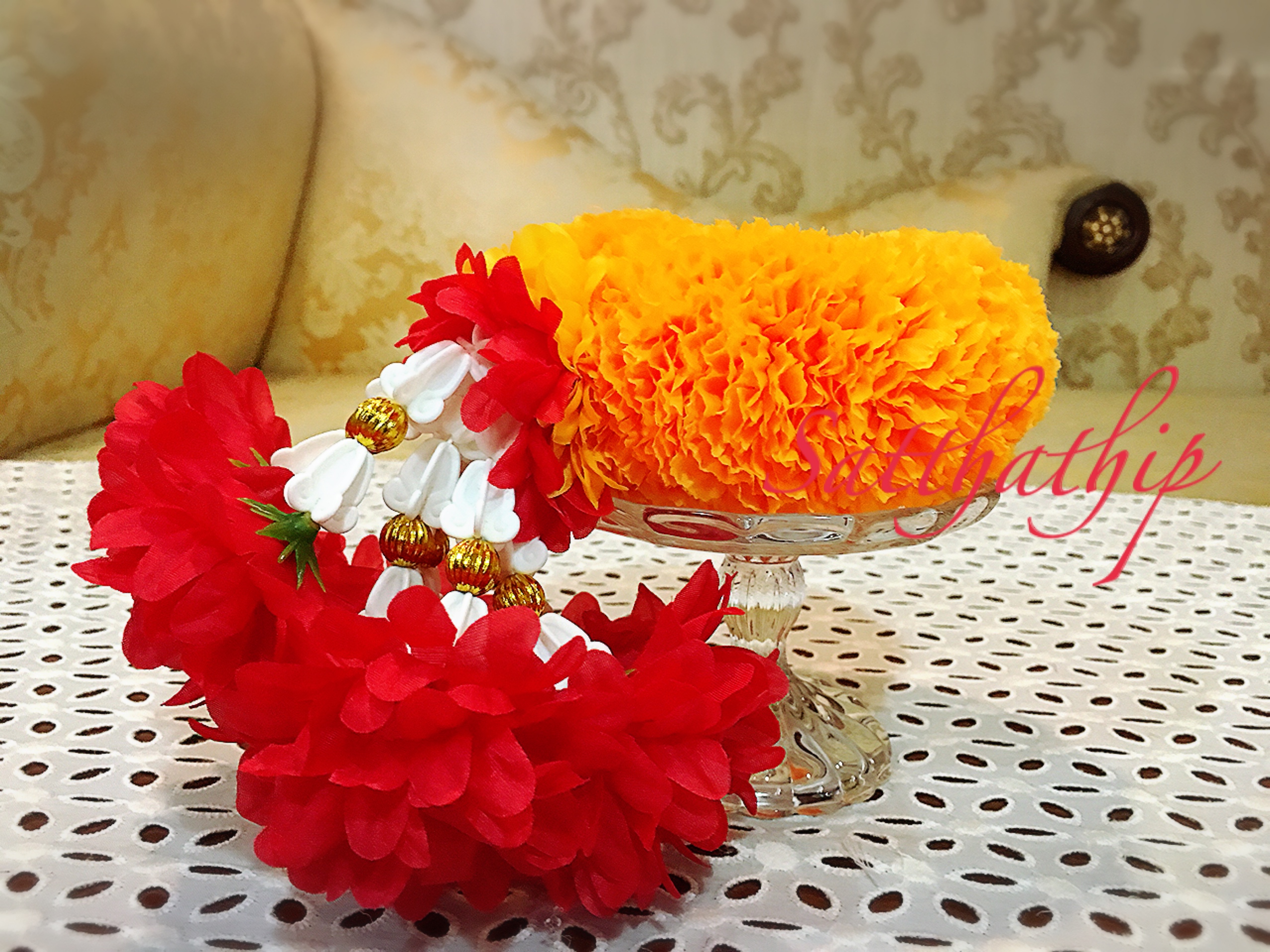 พวงมาลัยผ้า - พวงมาลัยดอกดาวเรือง ประดิษฐ์ - พวงมาลัยถวายศาลพระภูมิ - Fabric Garland