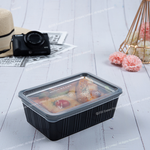 กล่องอาหาร PP 750 cc. สีดำ ลายเส้น + ฝาแยก 25 ใบ (09-7867)