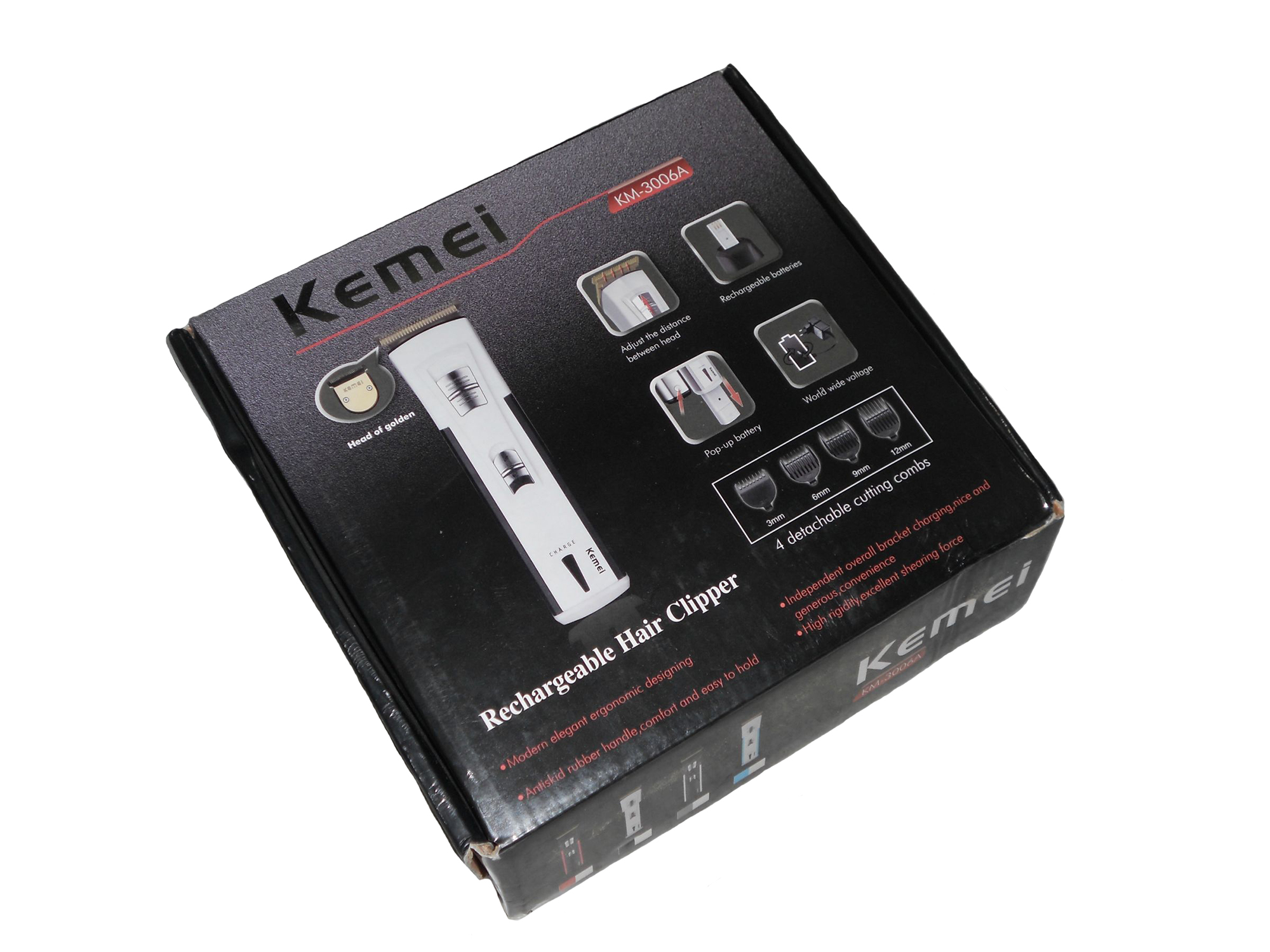 Kemei ปัตตาเลี่ยนตัดผมไร้สายแบบชาร์จ KM-3006A ใบมีดสแตนเลส มอเตอร์ Pd Alloy มีแบตสำรอง พร้อมหวีรองตัดและแท่นวาง - สีดำ
