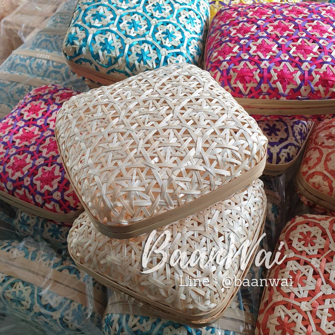 กล่องตลับไม้ไผ่ลายพิกุล กล่องไม้ไผ่ กล่องฝาปิด ทรงเหลี่ยม