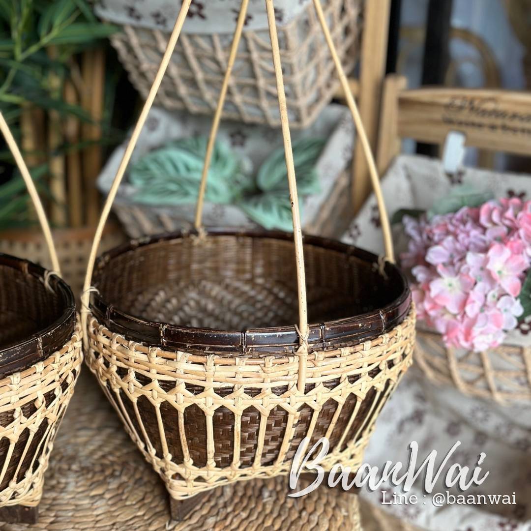 หาบกระบุง ล้อมหวาย สีโอ๊ค พร้อมไม้คานหงษ์