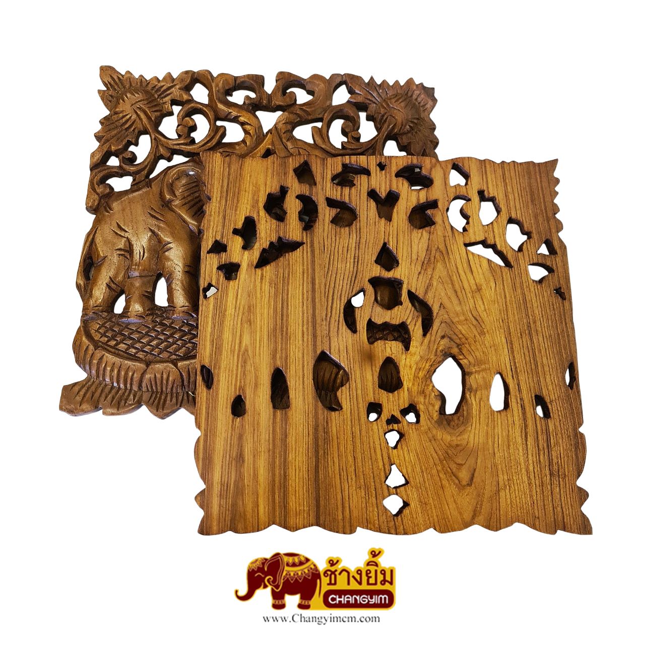 แผ่นไม้แกะสลักช้างคู่ สี่เหลี่ยม ( 12" )