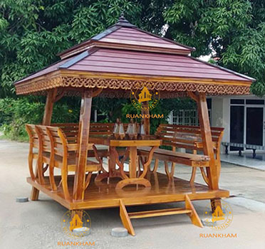 ( รหัส E1-เงา ) ศาลาไม้สัก เสาเหลี่ยมเอียง สีเงา คาตาล / นาด 2.30x2.30x3.00 เมตร