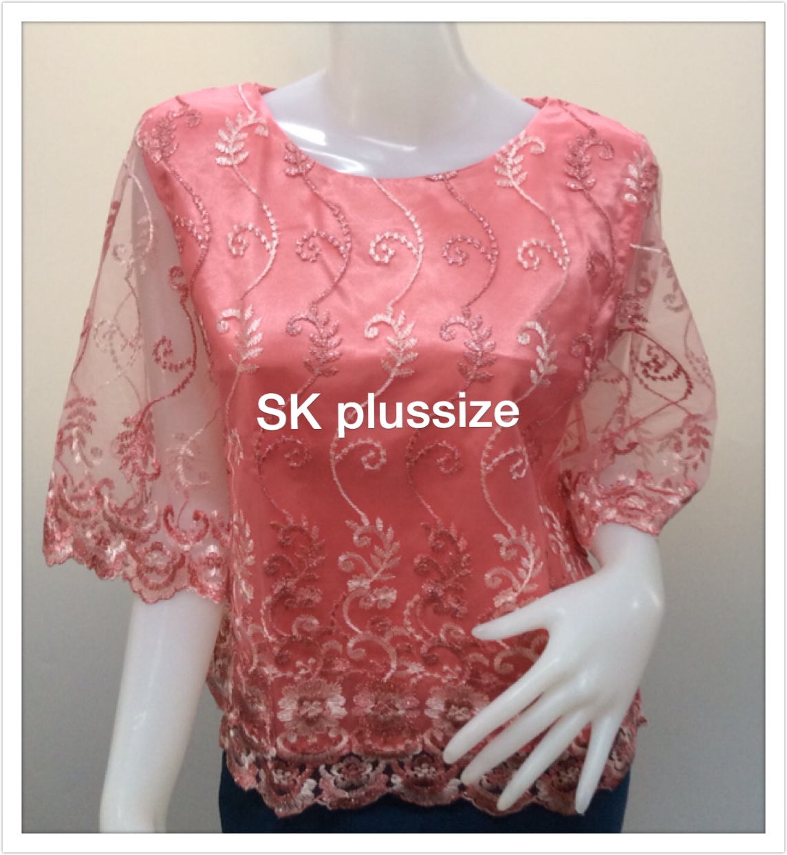 เสื้อลูกไม้บุหงา สีโอลด์โรส คอปาด แขน 3 ส่วน รอบอก 42 นิ้ว