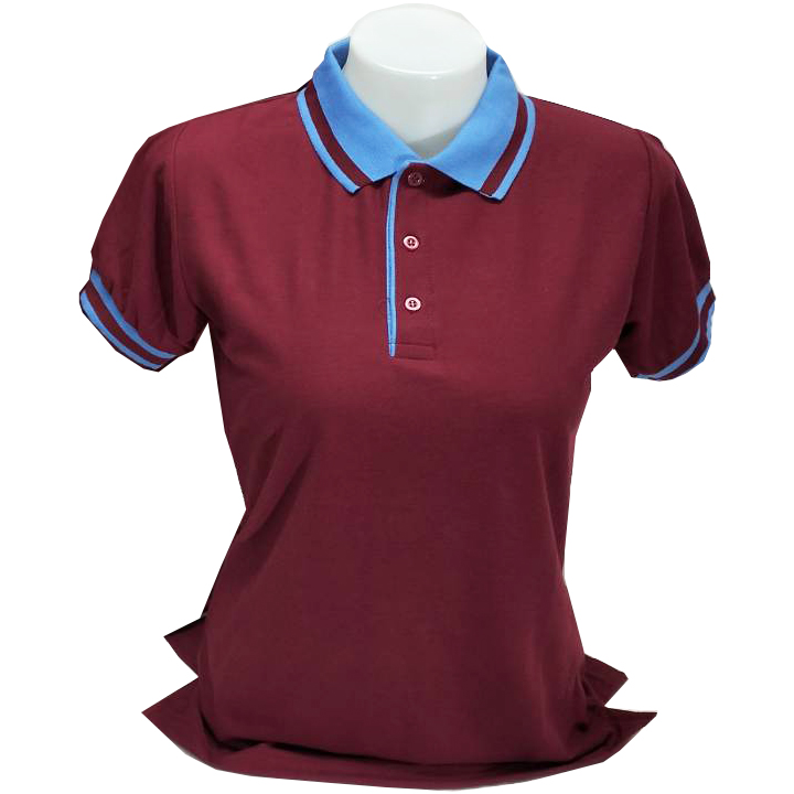 เสื้อโปโล สีเลือดหมู TC แขนจั๊ม ปกสีฟ้าครามลายเส้นสีเลือดหมู