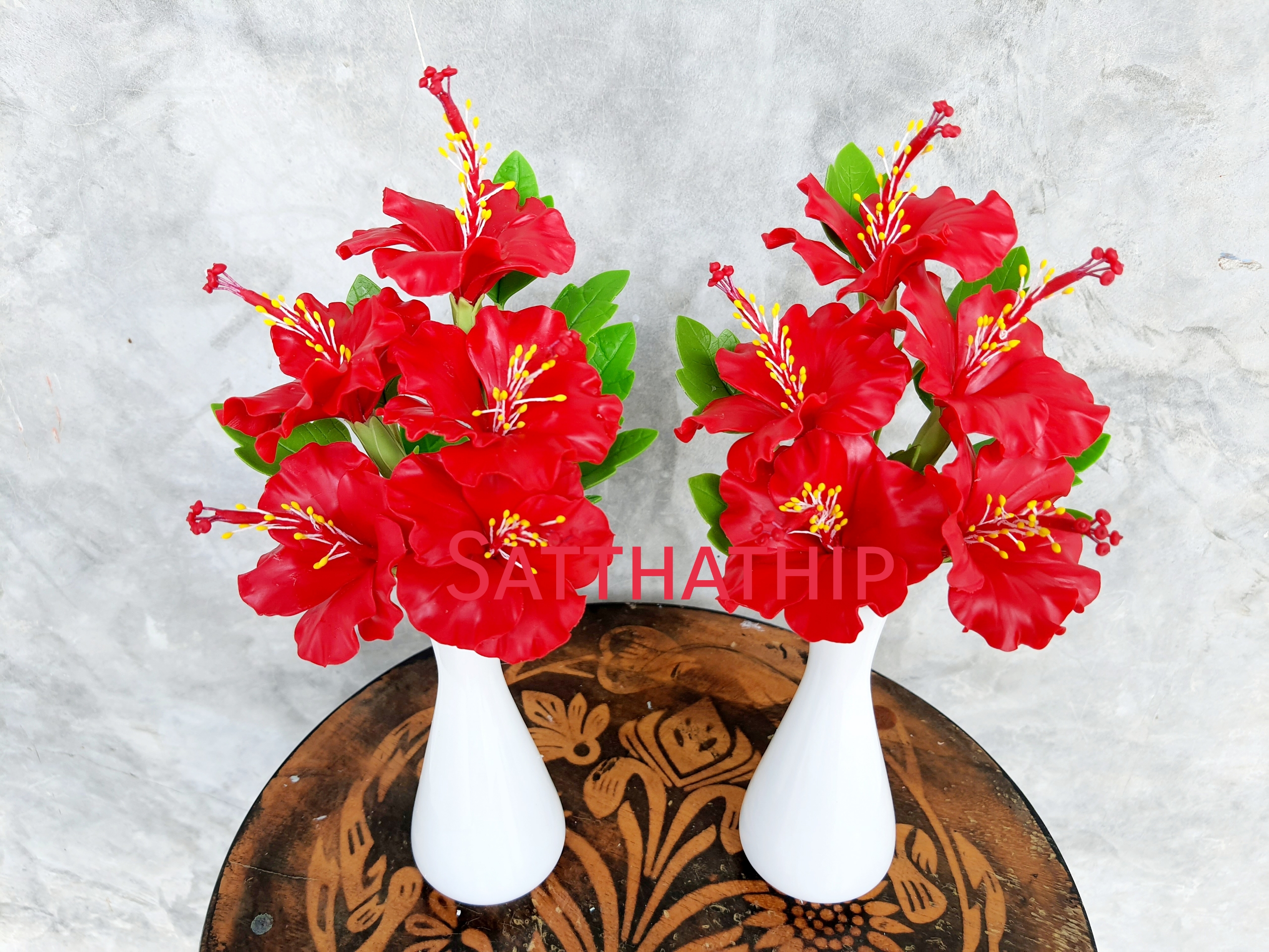 แจกันดอกชบา - ดอกชบาประดิษฐ์ - แจกันดอกชบา ประดิษฐ์จากดิน - แจกันดอกชบาประดิษฐ์