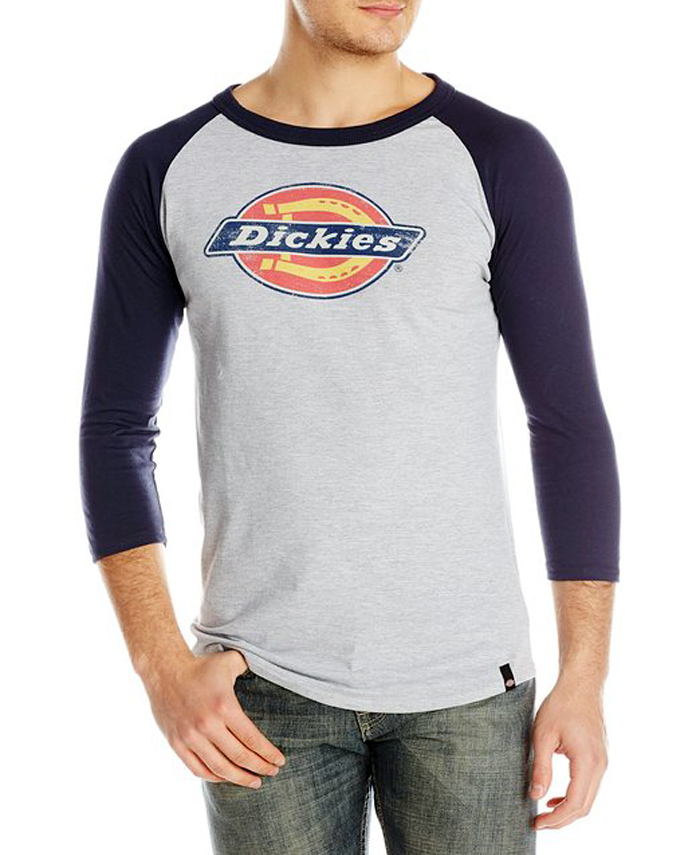 Dickies 3/4 Sleeve Baseball Tee, Heather Grey/Navy, Size S